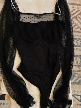 Lulus Black Sheer Polka Dot Long Sleeve Bodysuit L NWT